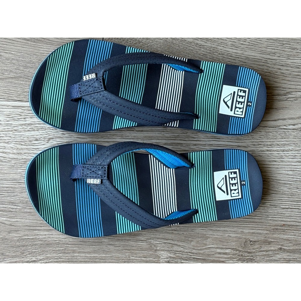 Reef Ahi Kids Flip Flops Navy Teal Striped Sandals Size 2 Boy Girl Thong Shoes